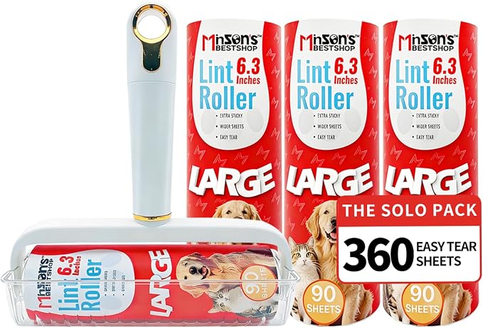 Minson’s BestShop Extra Sticky Lint Roller, 6.3” Extra Wide, 360 Sheets for Pet Hair Removal, The Solo Pack with 1 Ready to Use Handle & 3 Refills, Dog and Cat Lint Remover