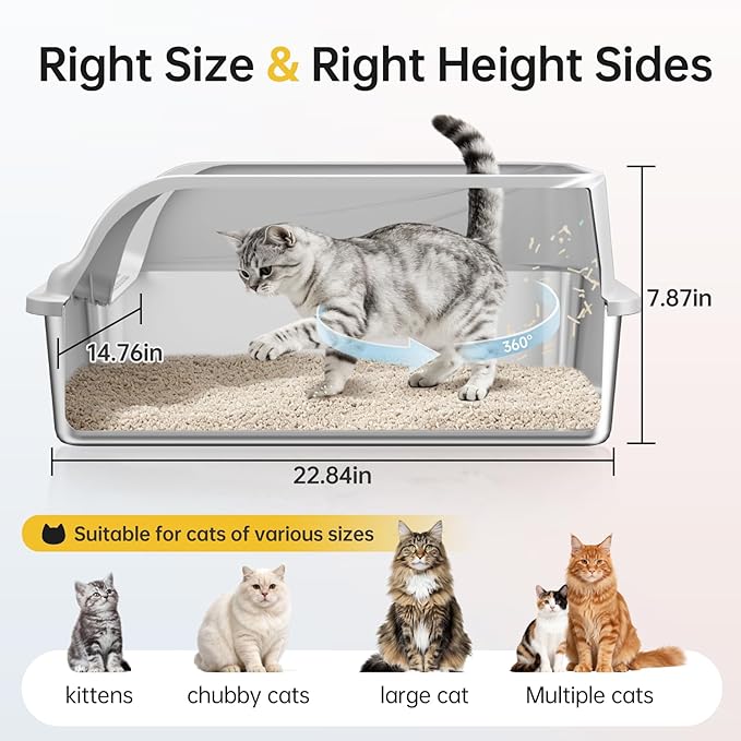 Stainless Steel XL Cat Litter Box for Cats, High-Sided Design Prevents Urine Leakage, Non-Stick, Easy to Clean, Includes Scoop, Gray L