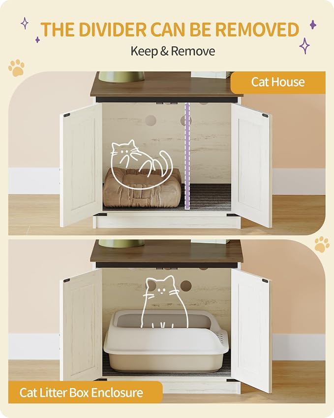 Hzuaneri Cat Litter Box Enclosure, Hidden Litter Box Furniture with Removable Dividers, Reversible Entrance Left or Right Side, Cat House, Rustic White and Brown CB84514X