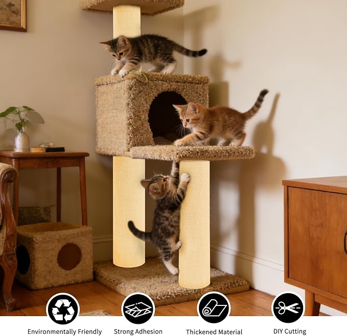 2 Pcs Khaki Cat Scratch Mat, 78.7"x15.8" Self-Adhesive Cat Carpet, Trimmable DIY Cat Scratch Pad for Furniture, Couch Protector from Cats, Sofa Protector for Cats, Wall, Cat Tree Replacement Pos