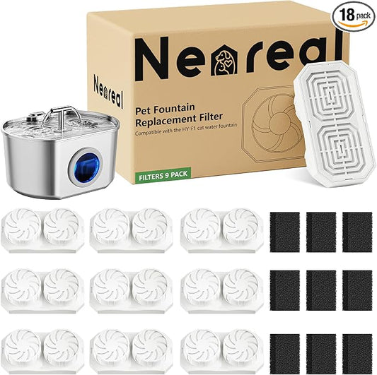 Neareal Official Cat Fountain Replacement Filters & Pre-Filter Sponges for 74oz/2.2L Stainless Steel Pet Water Fountain (9 Pack)