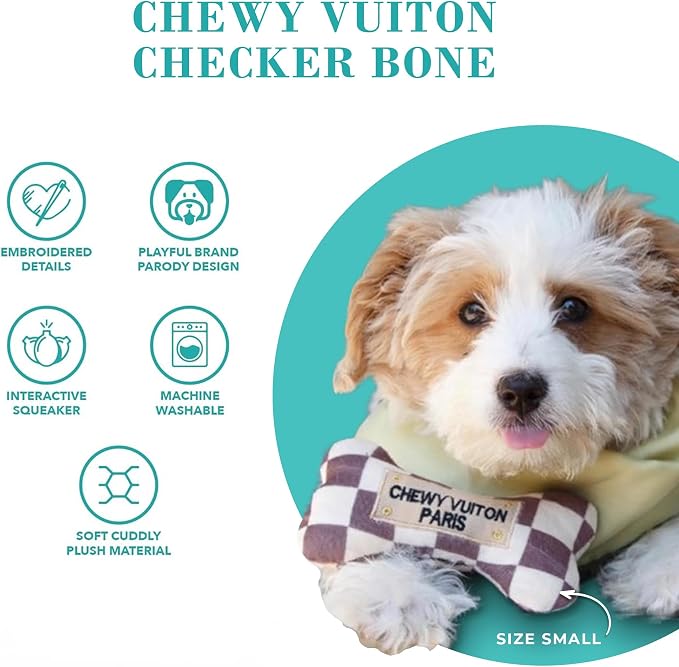 Haute Diggity Dog Chewy Vuiton Bone Plush Squeaky Dog Toy, Soft Durable Designer-Inspired Stuffed Puppy Chew Toys for Small, Medium & Large Dogs, Machine-Washable (Tan Checker) XL