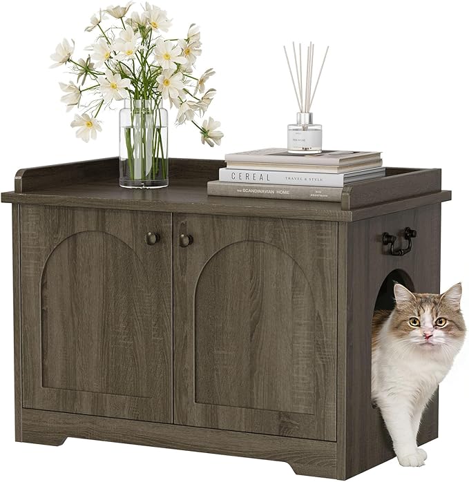 Cat Litter Box Enclosure, Hidden Litter Box Furniture with 2 Door, Pet House Fit Most of Litter Box, Dark Oak Gray
