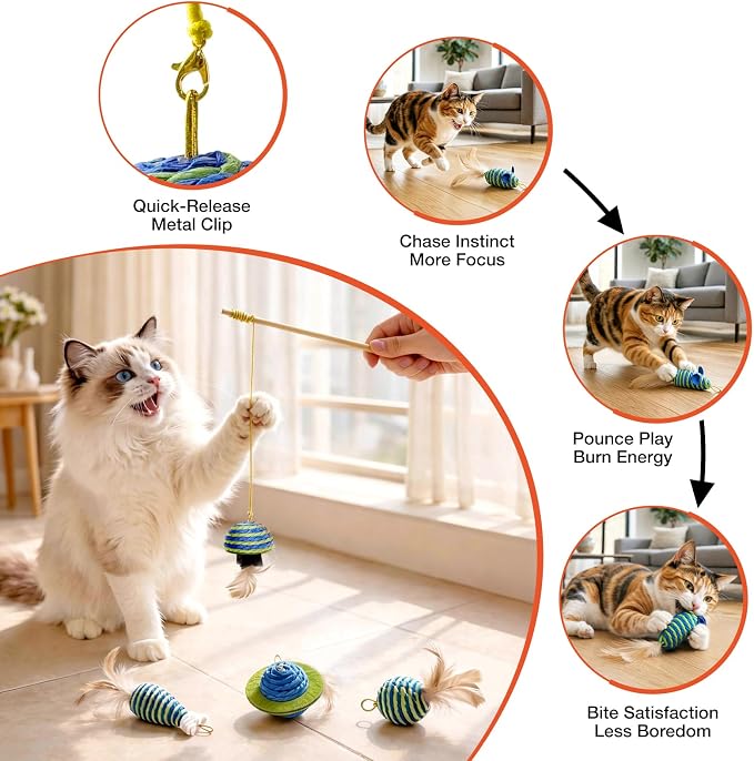 UTEE Cat Wand Toy for Indoor Cats, Interactive Teaser Set with Solid Wood Handle, 7 Replaceable Refills, Natural Paper Rope Crinkle Attachments for Kittens to Chase & Exercise