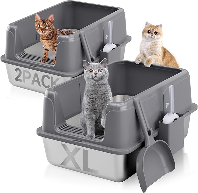Stainless Steel XL Cat Litter Box for Cats, High-Sided Design Prevents Urine Leakage, Non-Stick, Easy to Clean, Includes Scoop, Grey