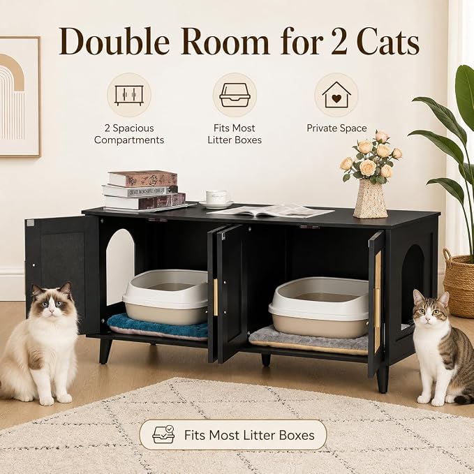 Homhedy Boho Cat Litter Box Enclosure for 2 Cats, Wooden Cat Washroom Furniture with Double Rattan Decorated Doors, Pet House,47.2”L x 19.7”W x 21.7”H, Black and Natural