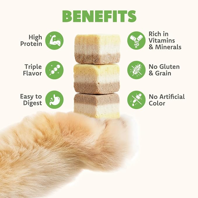 MON2SUN Triple-Layer Freeze Dried Cat & Dog Treats, Chicken, Egg & Chicken Liver Recipe Cube, Grain-Free High Protein Snacks, All Natural Food Topper or Training Rewards, 3.5oz