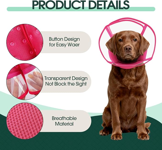 Kuoser Large Dog Cone Collar After Surgery, Soft Cone for Dogs to Stop Licking, Breathable Pet Recovery Collar Comfortable Elizabethan Collars, Adjustable Protective Dog Cones for Large Dogs, Rose XL