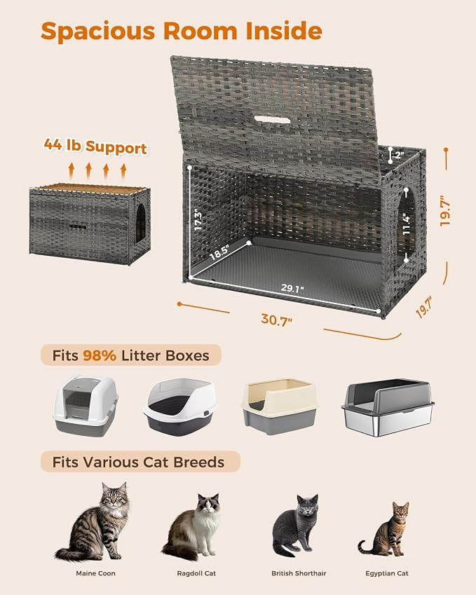 MUTTROS Rattan Cat Litter Box Enclosure Extra Large, Hidden Litter Box Furniture with Handwoven Wicker, Tall Doorway, Raised Edge Mat & Flip-Top Lid for Large Cats, Indoor Odor Control, Gray
