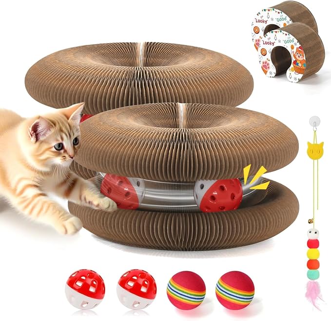 2PCS Magic Organ Cat Scratcher Boards with 4 Balls & 1 Interactive Cat Feather Toy, Foldable Recyclable Accordion Cats Toy with Ball and Track Adventure, Cat Scratching Pad