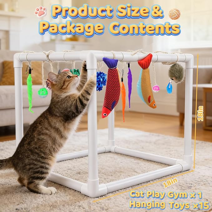 BABORUI Cat Play Gym, Indoor Hanging Activity with 15 Toys, Cat Toys to Keep Them Busy, Adjustable Cat Playground for Indoor Cats at Home