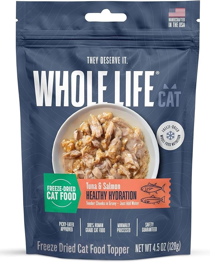 Whole Life Cat Freeze Dried Cat Food - Human-Grade Wet Food Toppers, Snacks & Lickable Treats, Instantly Hydrating Natural Broth Just Add Water - Salmon & Tuna, 4.5 Oz