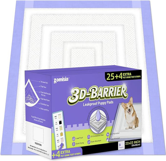 ZOMISIA 3D-Barrier Puppy Pee Pads for Dogs, 7 Cups Absorb & Rise Puffy Gel-Wall Leak-Proof, 22"x23" 25 Counts + 4 Pet Urine Test Strips, Super Absorbent Disposable Potty Training Pads