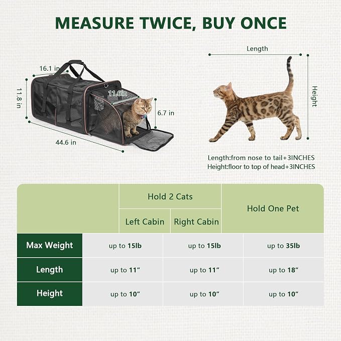 Expandable Cat Carrier for 2 Cats, Double Compartment Large Pet Carrier for Long Distance Car Travel, Includes 2 Portable Litter Boxes, Foldable Multi-Cat Travel for Road Trips & Camping, Black