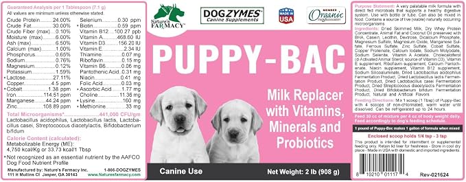 Dogzymes Puppy-Bac (2 Pound) Milk Replacer with Live Microorganisms and Enzymes 441 Million CFU/gram Mix 1:4