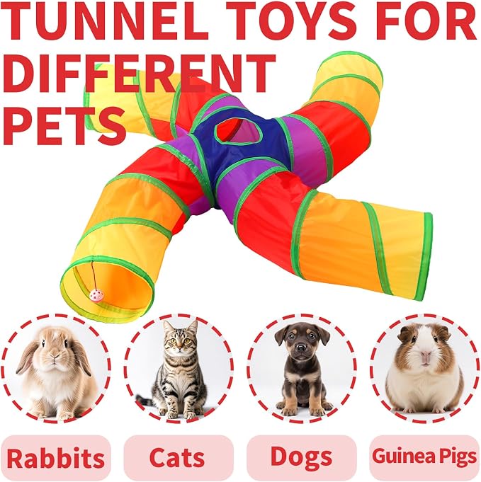 ‌Coolcandy Cat Tunnel & Interactive Cat Toy Indoor, Curved 4 Way Tunnel Toys for Indoor Cats, Collapsible Interactive Peekaboo Cave with Play Ball, for Multi-Way Play & Small Animals