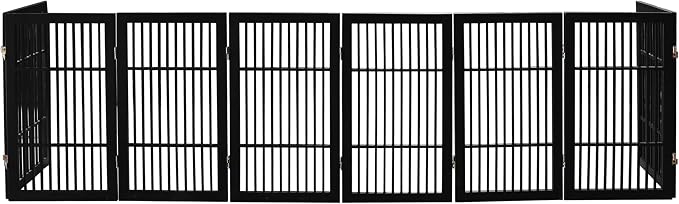 Urnporium Pet Dog Gate Freestanding, Strong Durable Folding Wooden Fence, Portable Acacia Hardwood Safety Barrier for Indoor & Outdoor Use (Black Pet Gate, 8 Panel 30" Tall)