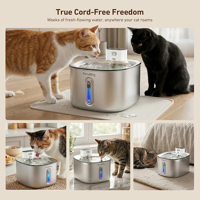 PartsBling Cordless Cat Water Fountain Stainless Steel, 4.2L/142oz Battery Operated Pet Fountain, Ultra Quiet Water Dispenser Cats&Dogs, 5000mAh Rechargeable, Easy to Clean, Includes 4 Filters, White