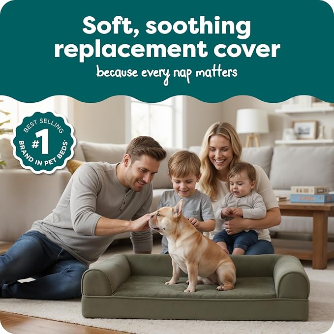 Furhaven Replacement Dog Bed Cover Faux Fur & Velvet Sofa-Style, Machine Washable - Dark Sage, Medium