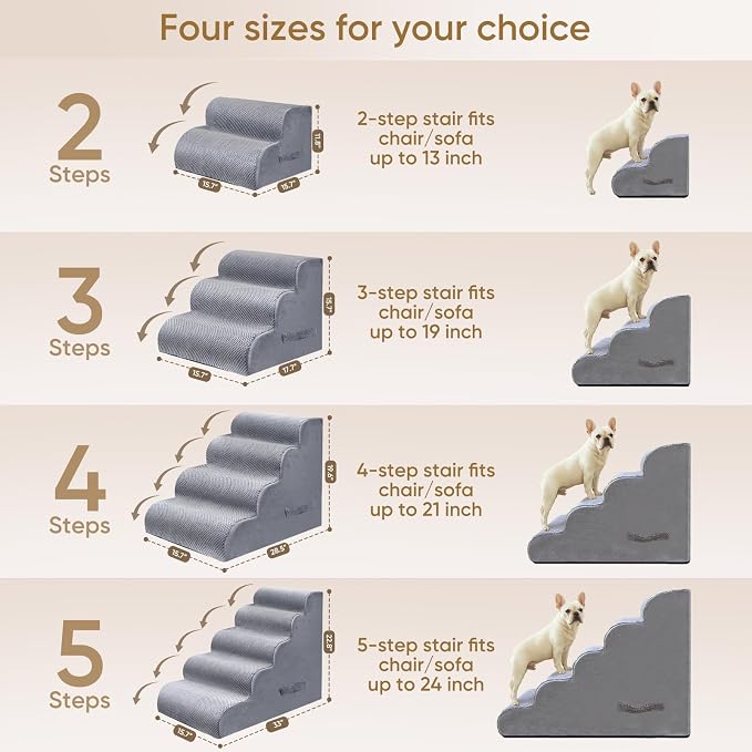 PAWSCRAT Pet Stairs for Dogs 3-Step, 15.7" H Pet Stairs for High Bed, Couch Sofa & Chair, 30D Material Soft Foam Dog Steps with Non-Slip Bottom Surface Removable Washable Cover, LightGrey