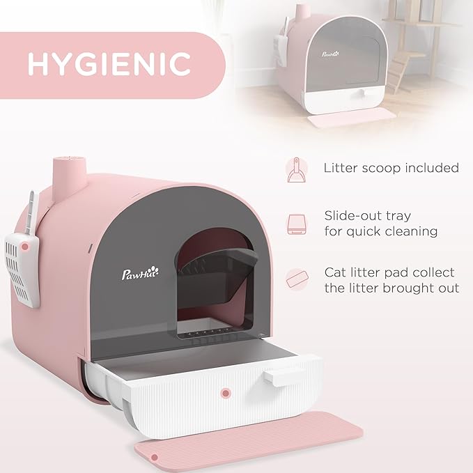 PawHut Cat Litter Box with Lid, Covered Litter Box for Indoor Cats with Tray, Scoop, Mat, Filter, 17" x 17" x 18.5", Pink