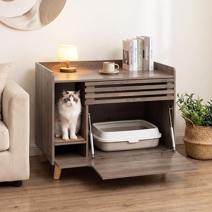 Tangkula Farmhouse Litter Box Enclosure, Cat Litter Box Furniture Hidden with Flip-Down Opening Door, Scratching Mat, 31.5 Inch Wooden Cat Washroom Side Cabinet with Storage for Indoor Cats (Brown)
