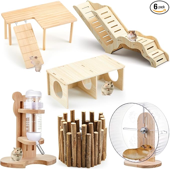 6 Pcs Hamster Toys Set, Maze Wood House, Climbing Ladder Wooden Bridge Tunnel Toy Platform Silent Exercise Running Wheels and Water Bottle Set for Rat Guinea Pig Habitat Cage (Standard)