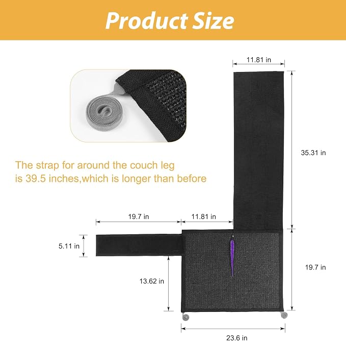 Cat Scratch Couch Protector,Cat Scratch Sofa Armrest Cover with Sisal Mat and Toy for Cats,Sofa Scratcher Furniture Protector 23.6’’L*19.7’’W (Black/Left Hand)