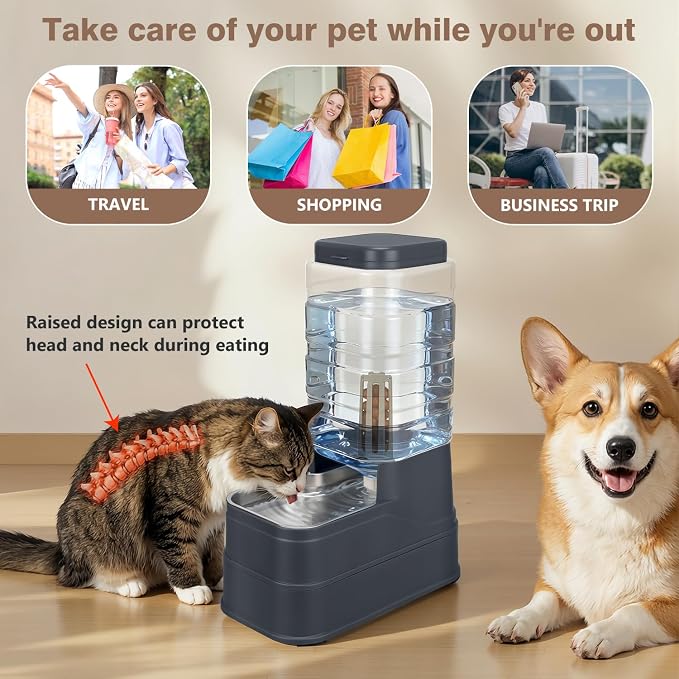 2.2 Gallon Pet Automatic Dog Water Dispenser Cat Gravity Waterer Feeder with Stainless Steel Bowl 8L Large Capacity Puppy Feeding Raised Bowls with Filter,Ice Pack