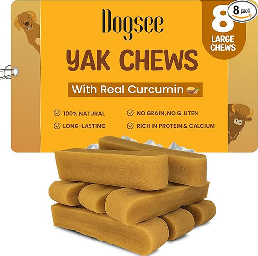 Dogsee Himalayan Yak Cheese Dog Chews with Turmeric/Curcumin 2lb (Large - 8 Chews) 60% Protein, Healthy Hip & Joint Health Support for Dogs Long Lasting Dental Treats