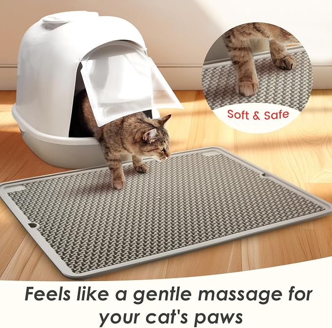 Cat Litter Mat | Litter Box Trapping Mat for Kitty | Waterproof & Anti-Tracking | Easy to Clean | Honeycomb Small Pads | Food Grade Silicone Catcher Mat | for Indoor Floor | Grey 20 * 15 in