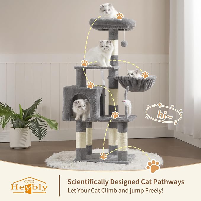 Heybly Cat Tree with Toy, Cat Tower condo for Indoor Cats, Cat House with Padded Plush Perch, Cozy Hammock and Sisal Scratching Posts, Light Gray HCT004SW