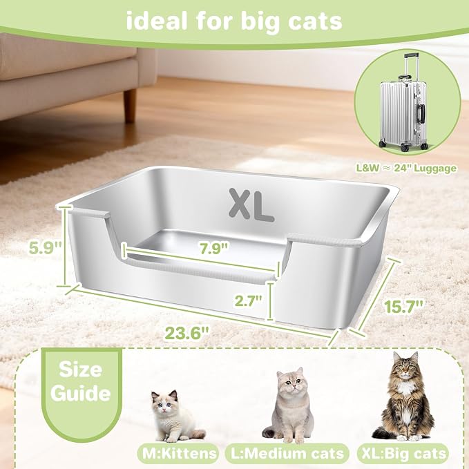 2-Pack Low Entry Litter Box for Senior Disabled & Injured Cats, Stainless Steel High Sided Enclosed Easy Step in Entry-Large Metal Kitty Litter Box for Kittens, Odor Control (23.6"x15.7"x5.9")