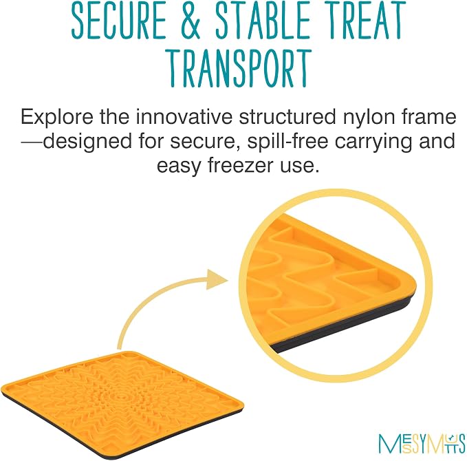 Messy Mutts Framed Silicone Therapeutic Licking Mat | 9.5" x 9.5" | Slow Feeder Mat for Boredom & Anxiety | Lick Pad for Dogs & Cats | Orange