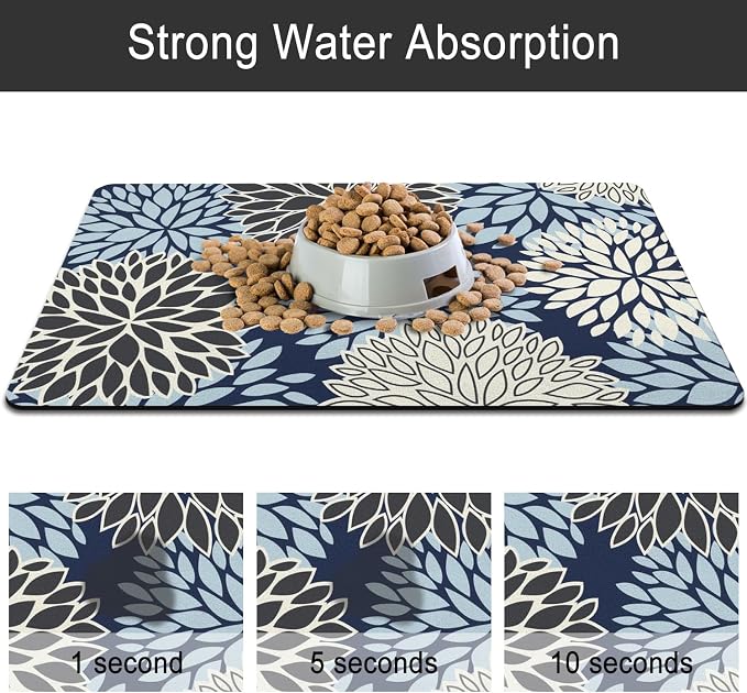 Dog Food Mats for Floors, Absorbent and Quick-Drying Pet Cat Food Mat,Anti-Fouling and Easy-to-Clean Pet Feeding Mat,Dog Bowl Mat for Messy Drinking Water Bowls.17x32, Bohemia Dahlia Floral Style