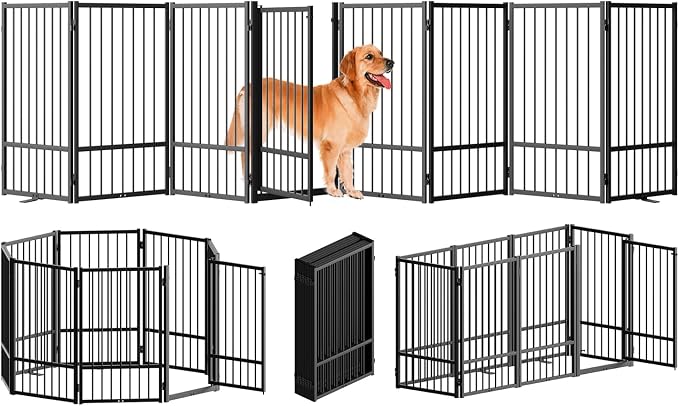 SNUOWU Full Metal Freestanding Dog Gate with Door, 32''Height Foldable Pet Dog Fence for Indoor & Outdoor, 8 Panels Extra Wide Free Standing TallDog Gates for Doorways,House,Stairs,Porch,Deck,Yard