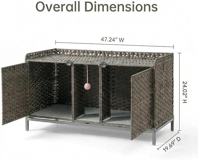 Garvee Handwoven Rattan Cat Litter Box Enclosure Furniture, Hidden Cat Washroom Cabinet with Door and Mat, Spacious Pet House with s-Hooks, for Living Room and Bedroom