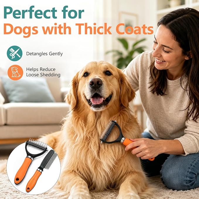 Dog Brush and Cat Deshedding Rake, Pet Grooming Tool for Shedding with Rounded Stainless Steel Teeth, Comfortable Grip for Long or Thick Coats (Orange with Comb)