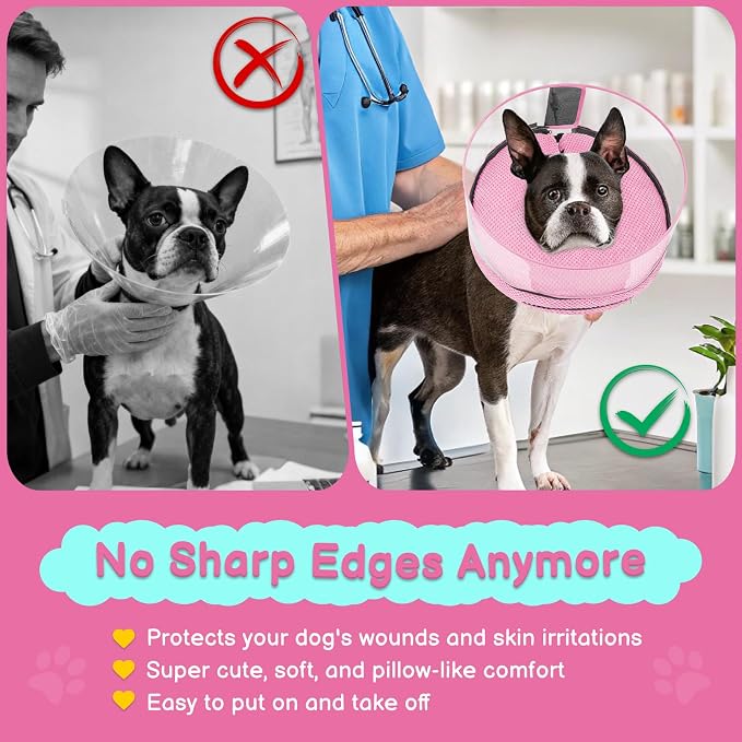 Soft Inflatable Dog Cone for Surgery Recovery, Protective Dog Donut Collar with Shield to Stop Licking Wounds, 2-in-1 Patented Comfort Blow-Up Collar for Small and Medium Pets (Pink, M+)