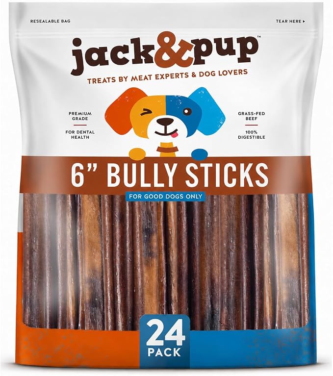 Jack&Pup 6 Inch Thick Bully Sticks for Dogs (24 Pack) Bully Stick Dog Chews, Single Ingredient 100% Beef Bully Sticks for Medium and Large Dogs