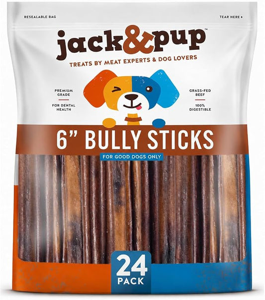 Jack&Pup 6 Inch Thick Bully Sticks for Dogs (24 Pack) Bully Stick Dog Chews, Single Ingredient 100% Beef Bully Sticks for Medium and Large Dogs