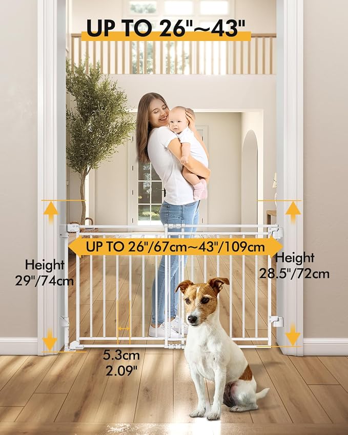 Extra Wide Baby Gate for Doorways 29" Tall Safety Gate for Kids&Pets,Pressure Mounted with Auto Close,Walk-Thru Metal Gate,Adjustable Width 26.4"-43",Indoor Pet Gate for Stairs & Hallways White