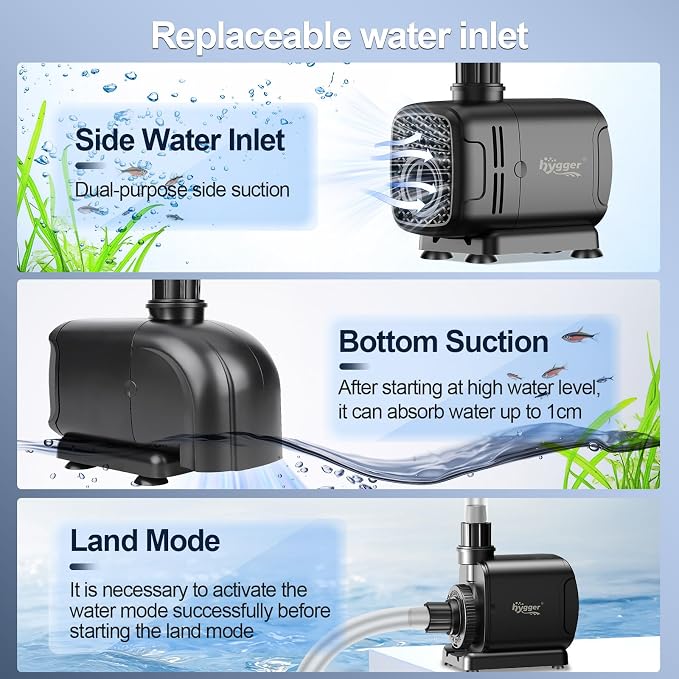 hygger 2-in-1 666GPH Submersible Pump 45W,Side and Bottom Suction Fountain Water Pump with 9.8ft High Lift,Quick Water Change with 4 Interchangeable Nozzles for Aquarium, Fish Tank, Hydroponics,Pond