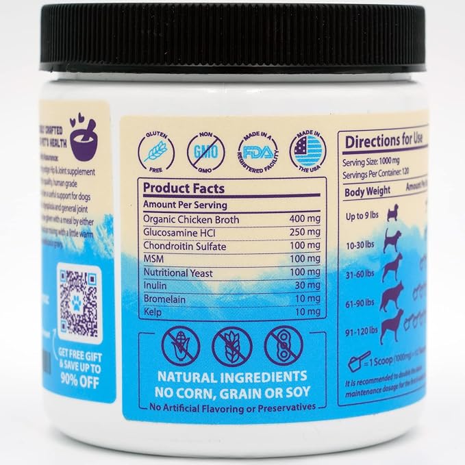 Dog Hip & Joint Support Premium Powder Topper, Glucosamine, Chondroitin, MSM,120 Servings (4-Month Supply), Supports Joint Comfort & Mobility, Human-Grade, Made in USA