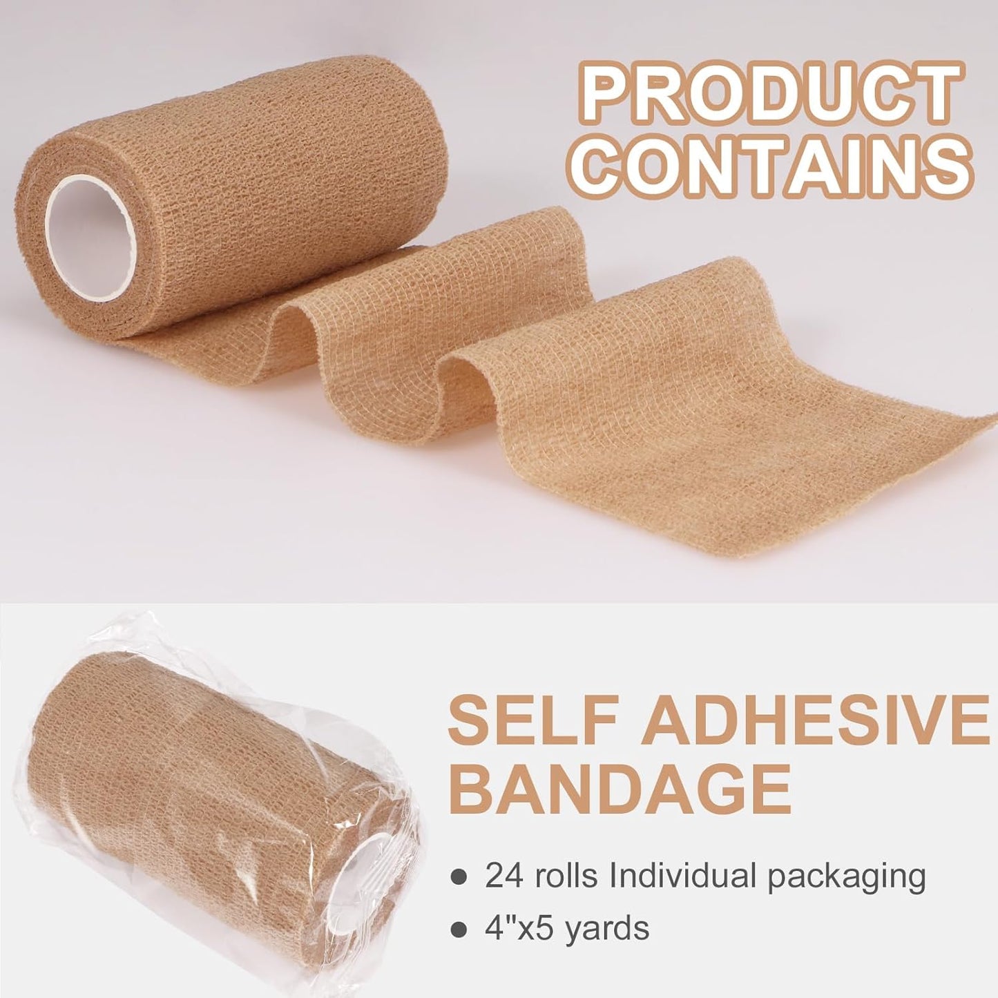 24 Pack Self Adhesive Bandage Wrap, 4” x 5 Yards Cohesive Medical Tape Elastic Wrap for Sports, Ankle, Wrist Sprains, Pet First Aid