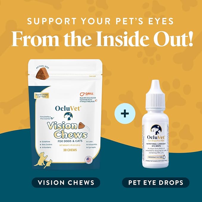 OcluVet Bundle Eye Supplements for Dogs & Cats | Vision Chews with Omega-3 for All Ages | Includes 30 Chicken Liver Flavored Chews & Pet Eye Drops, 16 mL | Antioxidants & 2% NAC for Cataracts