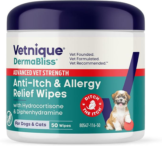 Vetnique Dermabliss 3-in-1 Anti Itch Wipes for Dogs & Cats, Allergy Relief | Hydrocortisone, Pramoxine & Antihistamine Wipes Calm Itching, Paw Licking and Odor for Dogs & Cats; Gentle No-Sting relief