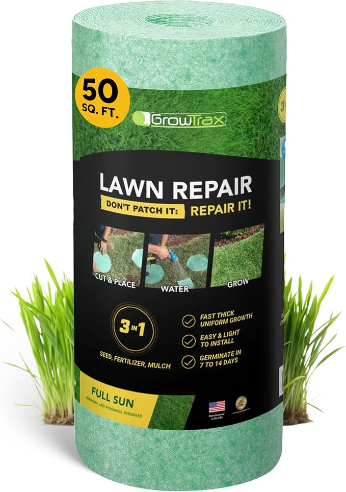 Growtrax Biodegradable Grass Seed - 50 SQFT Bermuda Rye - Grass Seed and Fertilizer for Lawns, Dog Patches & Shade - Just Water & Grow - No Fake or Artificial Grass