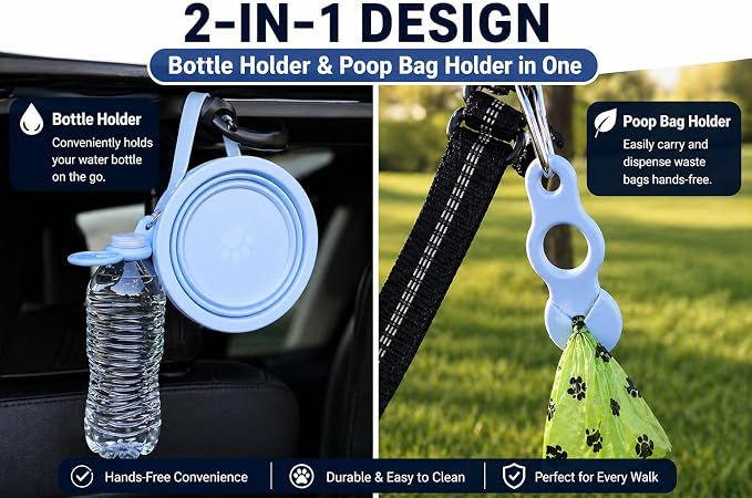 Blue Slow Feeder Travel Dog Bowl Set – 30oz Stainless Steel + 20oz Collapsible Silicone Dish + Silicone Slow Feeder Insert | Water Bottle Holder | Non-Slip, Anti-Choking, BPA-Free – Claim