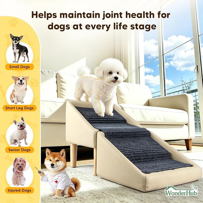 2-in-1 Foldable Dog Stairs & Ramp,Non-Slip, 17.13" H,(Light Beige) | For small, puppy, senior, and injured dogs – easy access to couch or bed